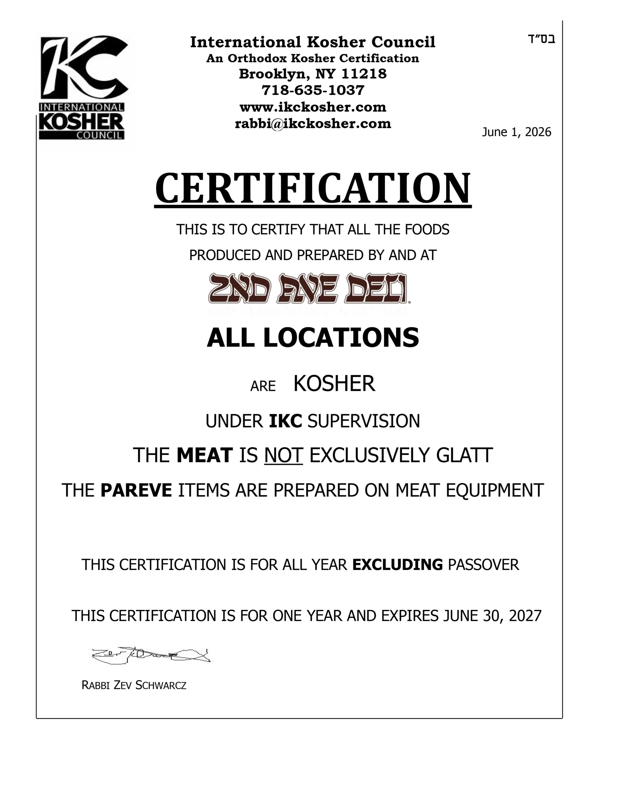 Kosher Certificate June 2026